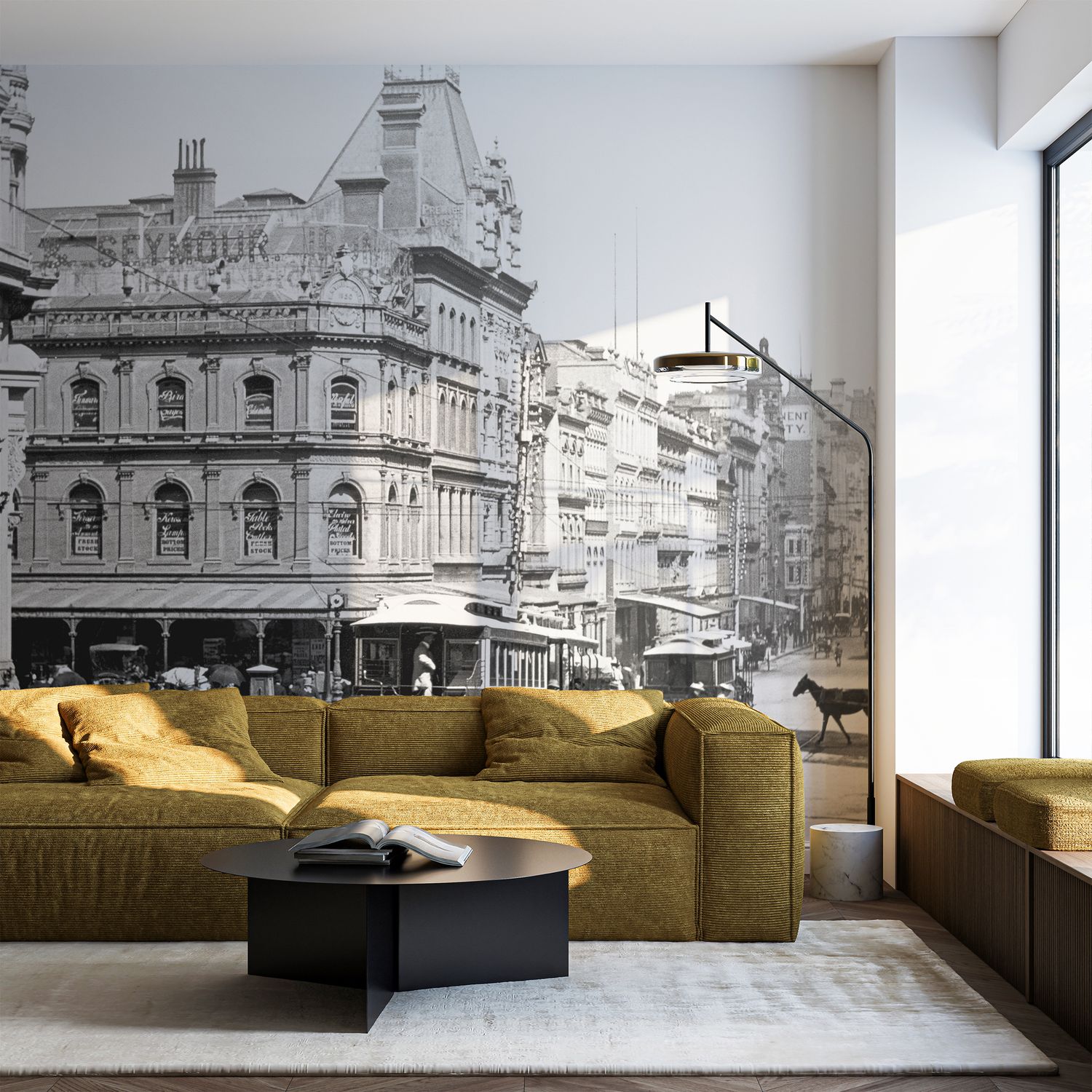 Collins Street Black &amp; White Mural (removable peel and stick)