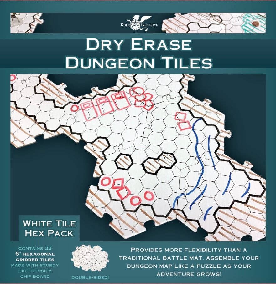 Dry Erase Dungeon Tiles, White - Pack of 33 6" hex tiles