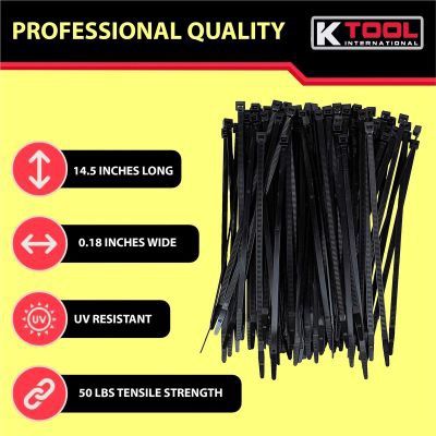 K Tool International Cable Zip Tie 14 in. Black 100/Pack 50 lb. Tensile
