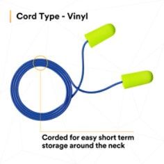 3M™ E-A-Rsoft™ Yellow Neons™ Earplugs 311-1250, Corded, Poly Bag, Regular Size - Box of 200 pairs