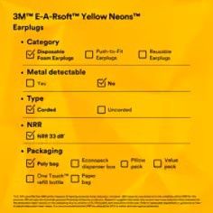 3M™ E-A-Rsoft™ Yellow Neons™ Earplugs 311-1250, Corded, Poly Bag, Regular Size - Box of 200 pairs
