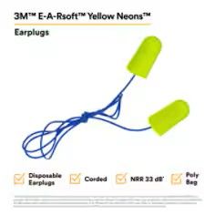 3M™ E-A-Rsoft™  Earplugs, Corded, Poly Bag, Regular Size - Box of 200 pairs, Color: Yellow Neon