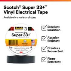 3M Scotch® Super 33+ Vinyl Electrical Tape, 3/4 in x 66 ft, 1-1/2 in Core, Black