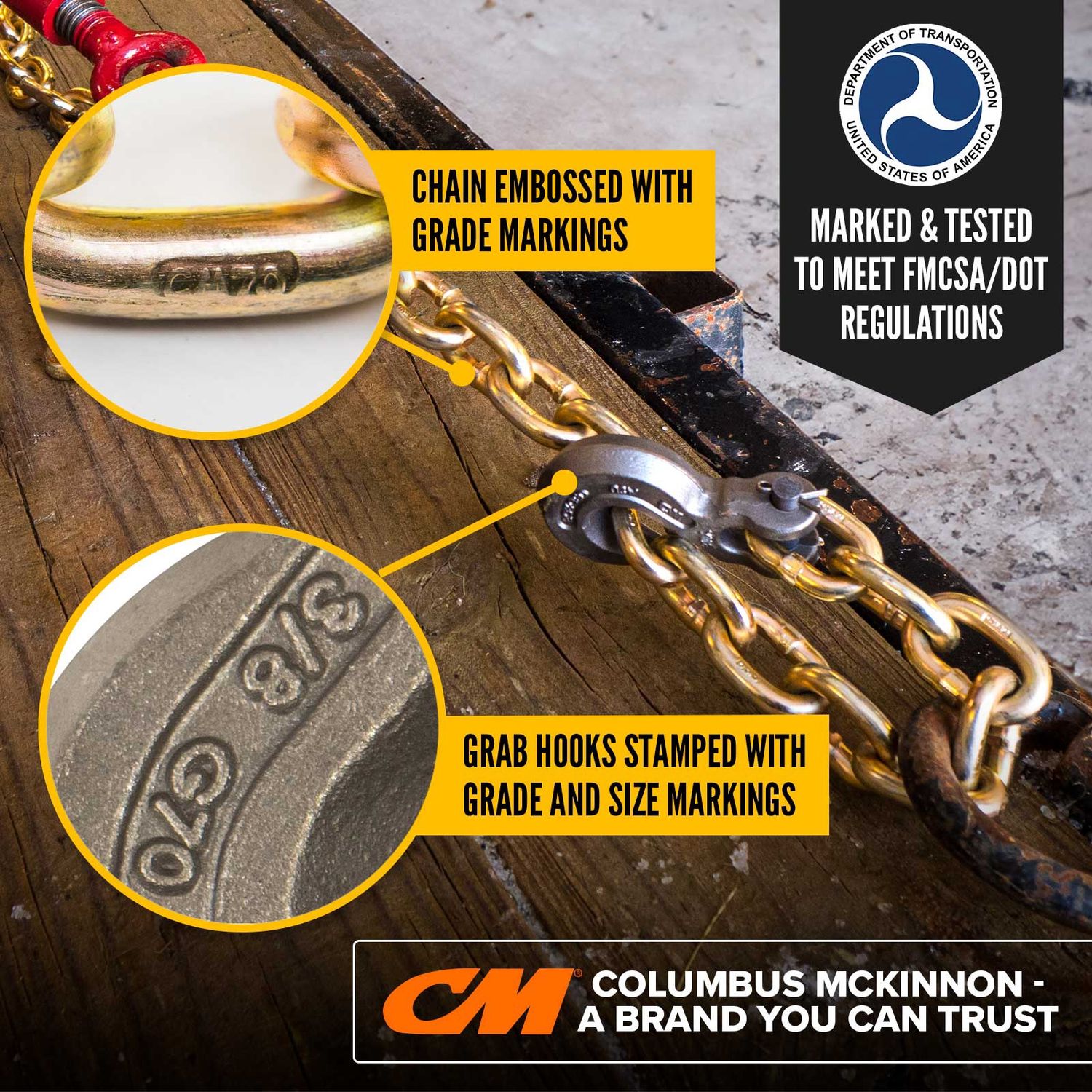 USCC 3/8" X 20' CM® Grade 70 Transport Chain With Clevis Grab Hooks | Made In USA