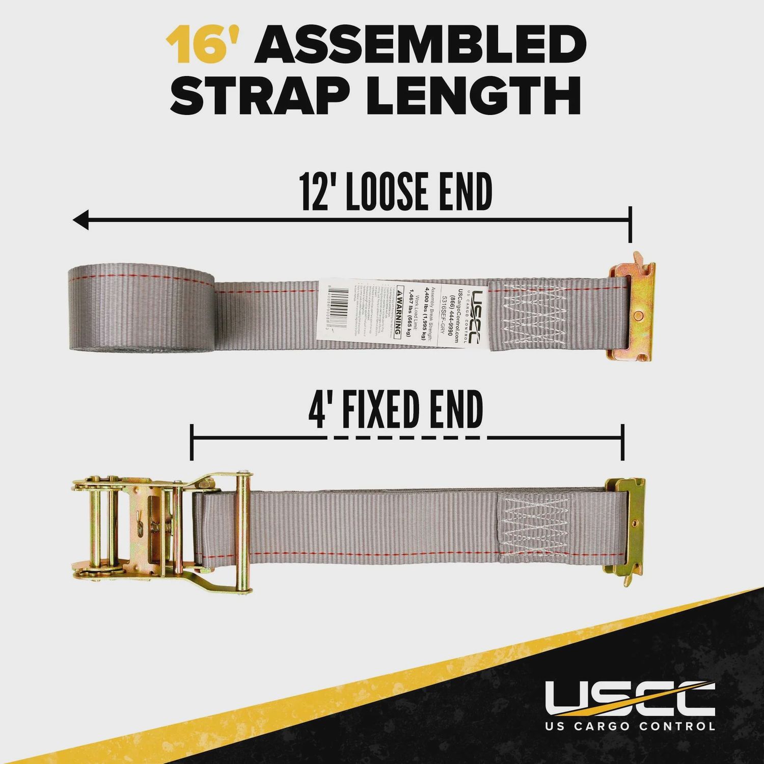 USCC 2" X 16' Gray E-Track Ratchet Strap | Standard 4' Fixed End