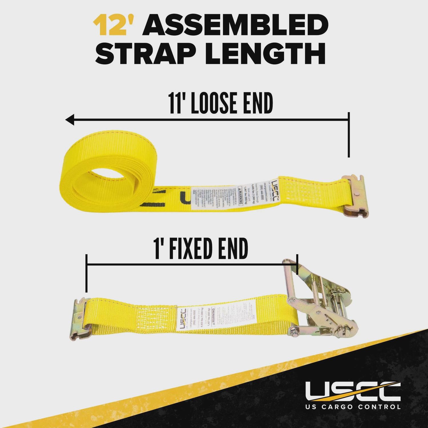 USCC 2" X 12' Yellow E-Track Ratchet Strap | 1' Fixed End