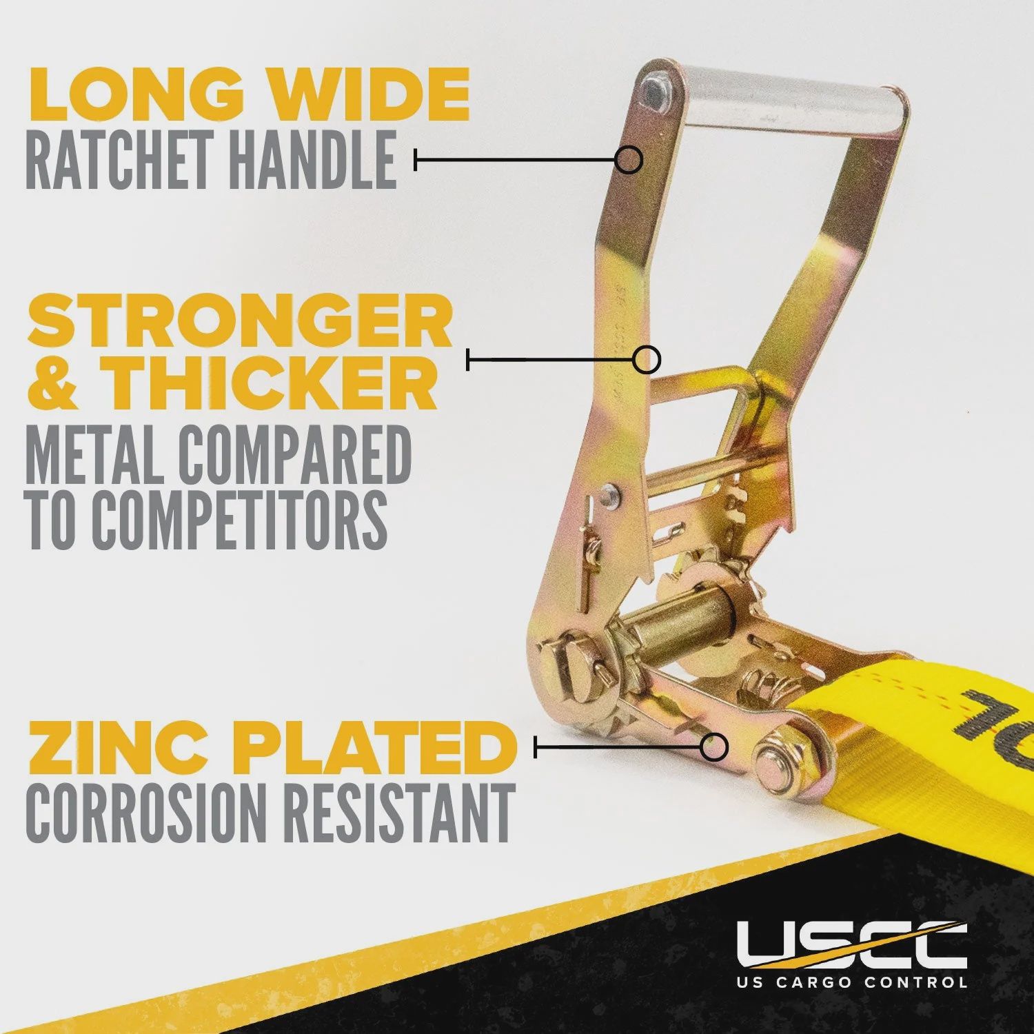 USCC 2" X 18' Ratchet Strap With Wire / Double J Hooks | Yellow