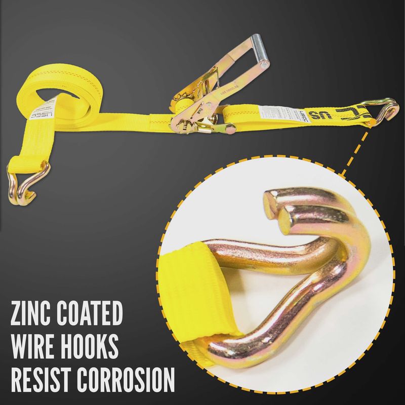 USCC 2" X 18' Ratchet Strap With Wire / Double J Hooks | Yellow