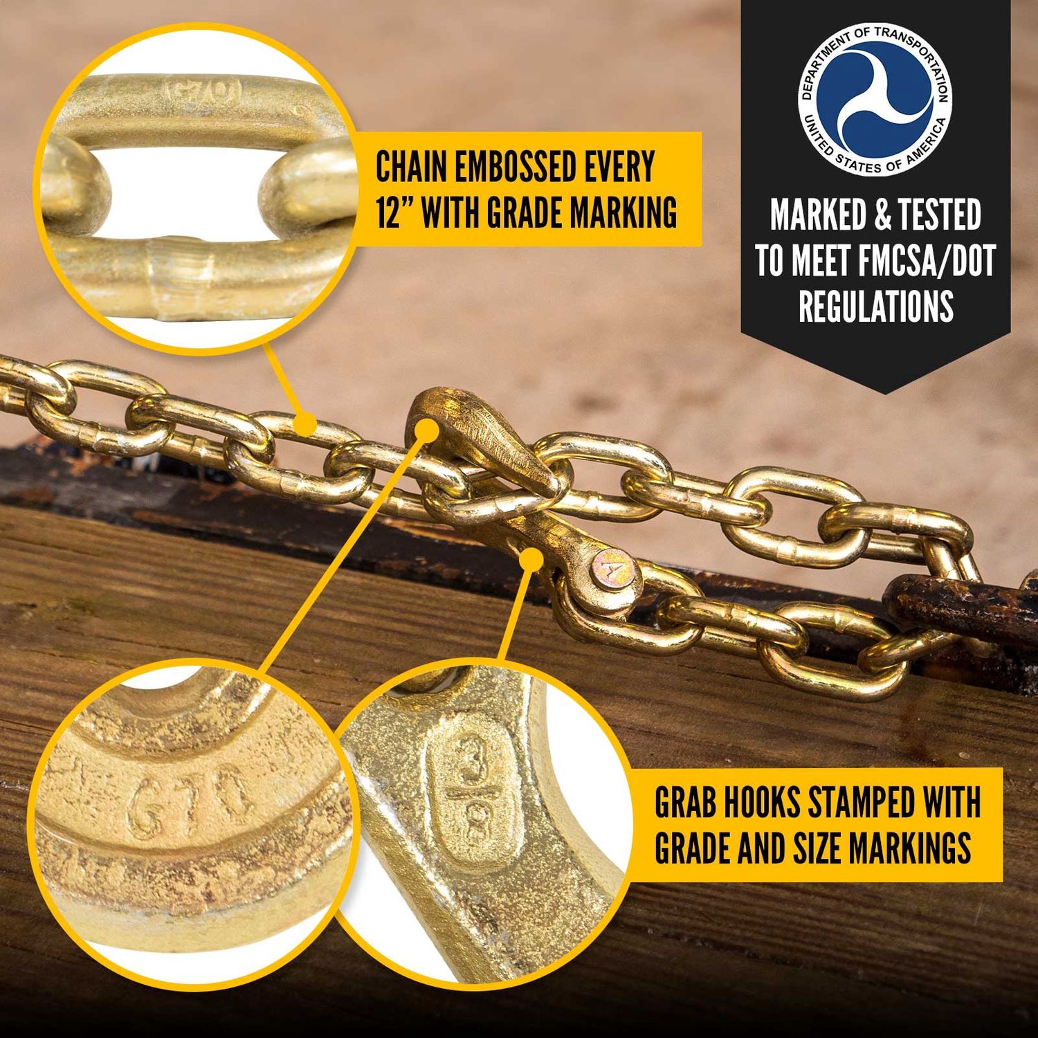 USCC 3/8" X 20' Grade 70 Transport Chain With Clevis Grab Hooks