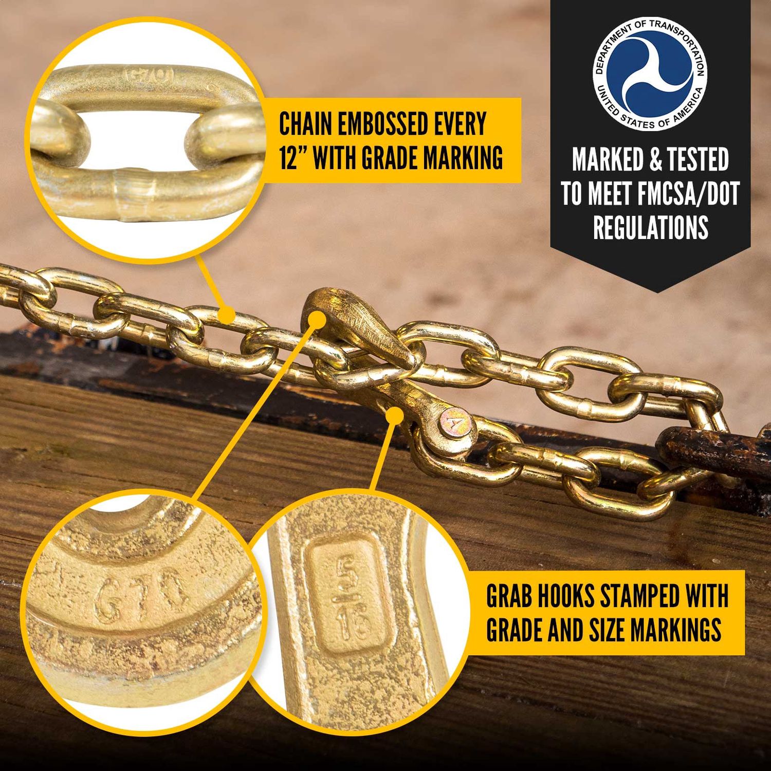 USCC 5/16" X 16' GRADE 70 TRANSPORT CHAIN WITH CLEVIS GRAB HOOKS