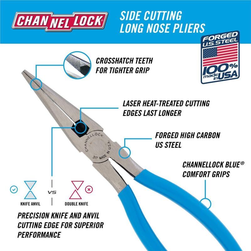 Channellock 317 8 Inch Long Nose Pliers with Side Cutter