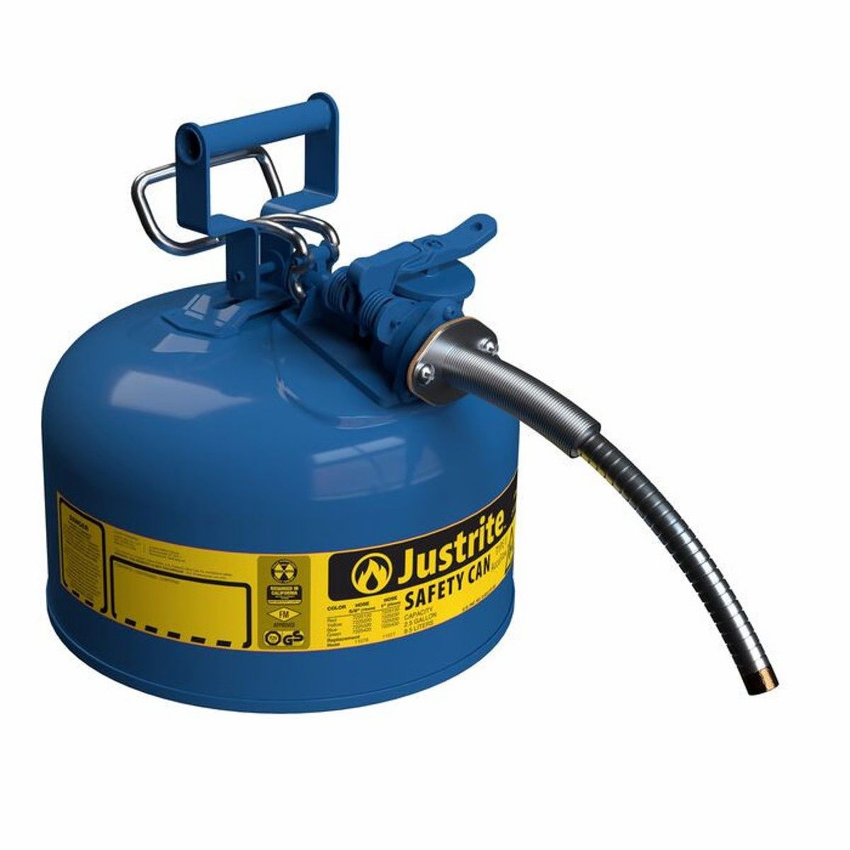 Justrite Type II Steel Safety Can, 2.5 Gallon, 5/8"Hose,Kerosene, AccuFlow™, Blue