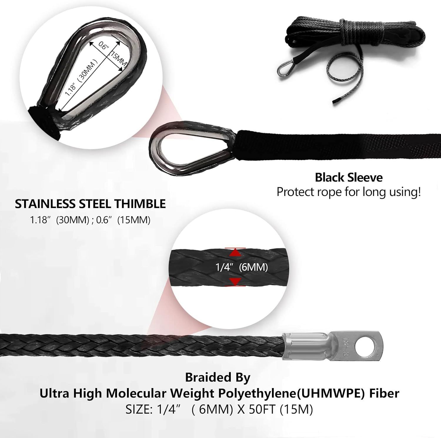 TOUGH 1/4" x 50 ft 10,000LBs Synthetic Winch Line Cable Rope