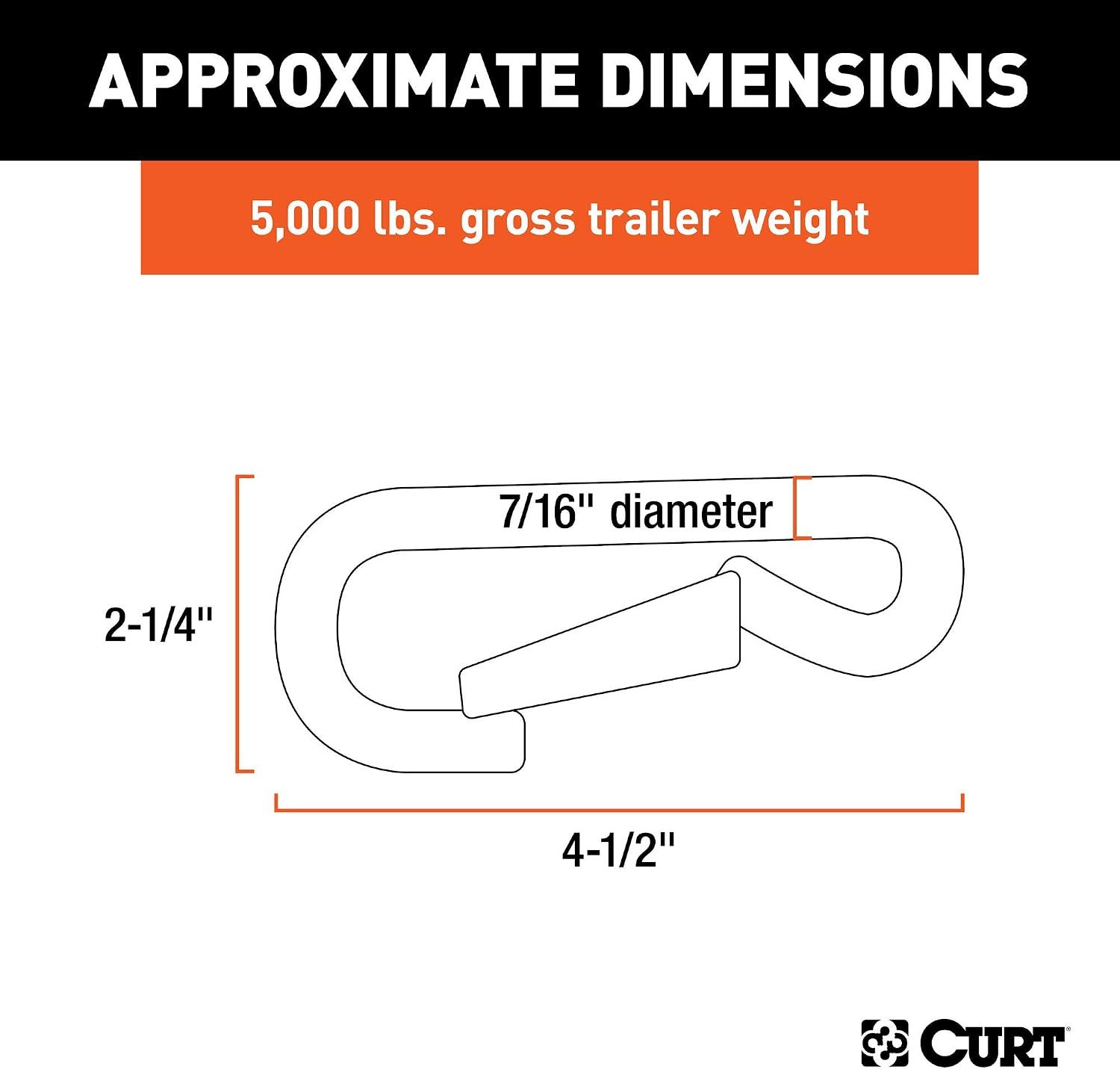 CURT 81277 7/16" Snap Hook with Safety Latch, 5,000 lb GTW, Zinc-Plated