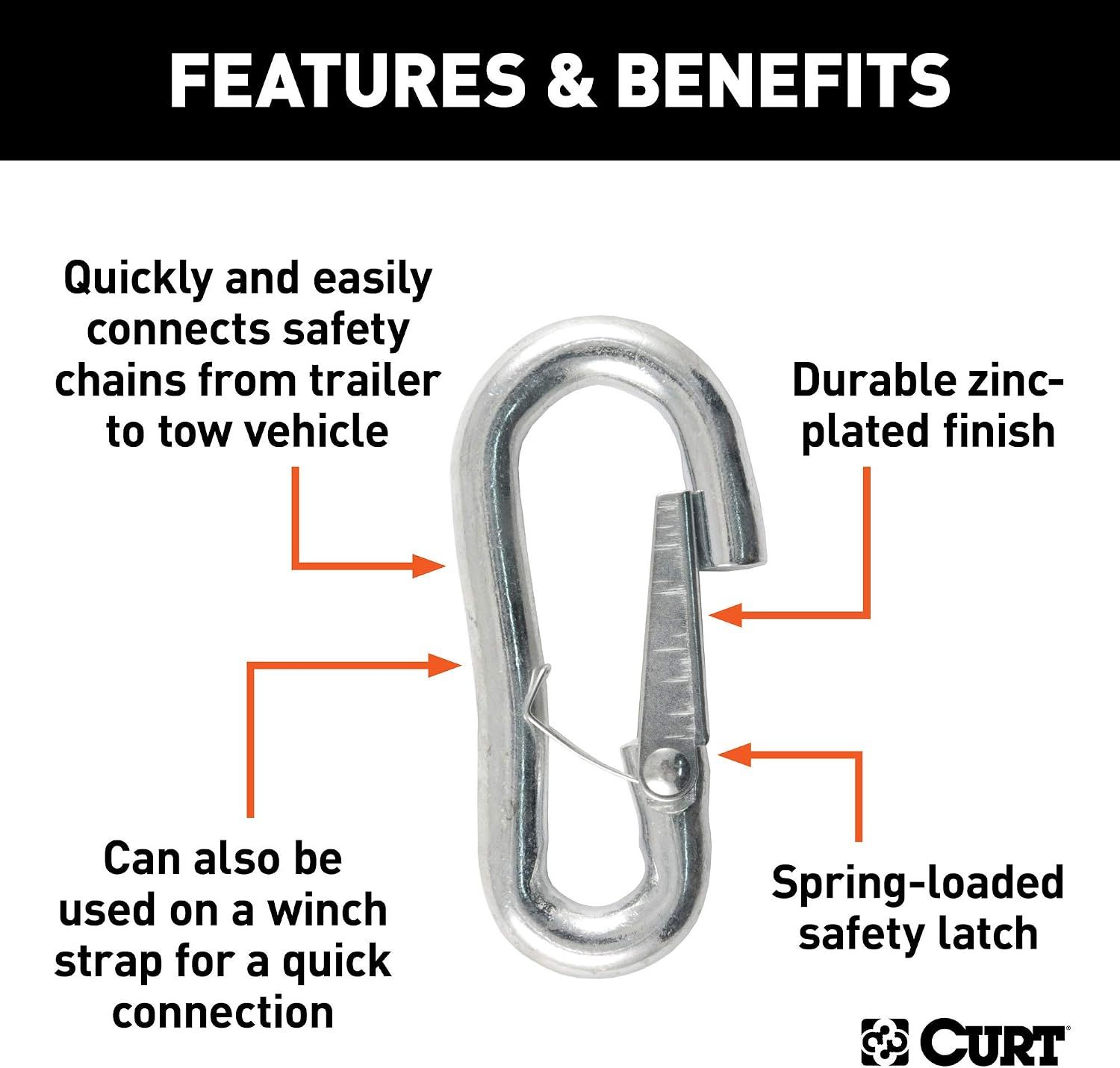 CURT 81277 7/16" Snap Hook with Safety Latch, 5,000 lb GTW, Zinc-Plated