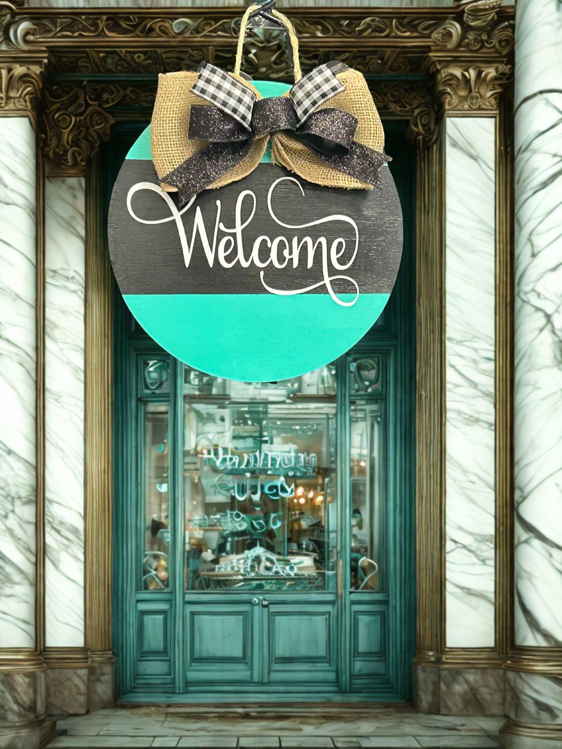 WELCOME 14X14 ROUND TIFFANY BLUE DOOR HANGER