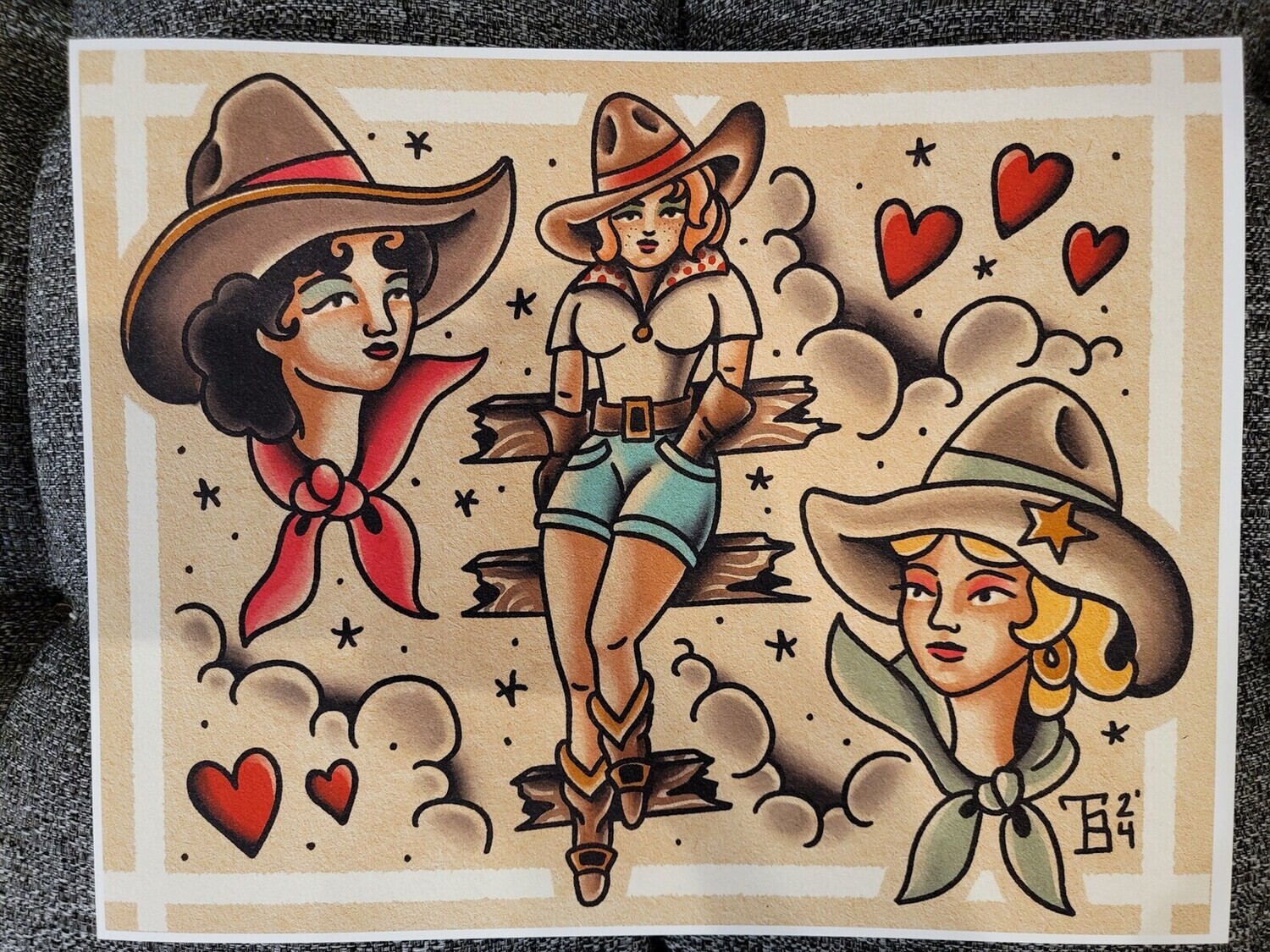 Cowgirl Western Traditional Tattoo Flash Sheet