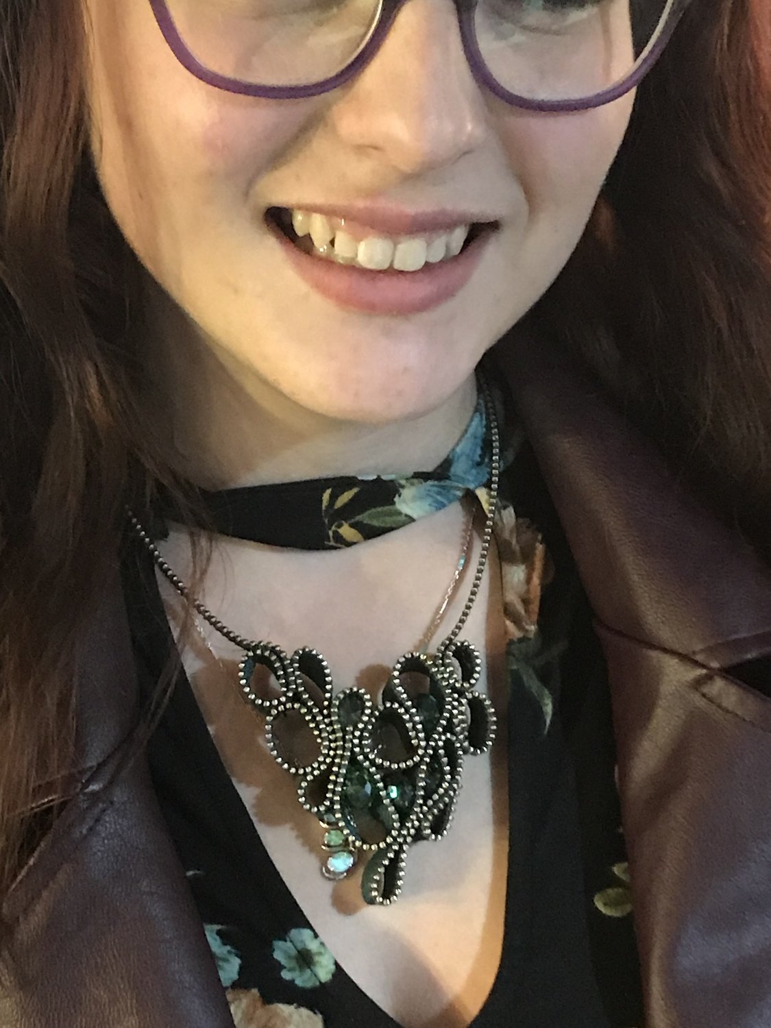 Green and silver zipper necklace