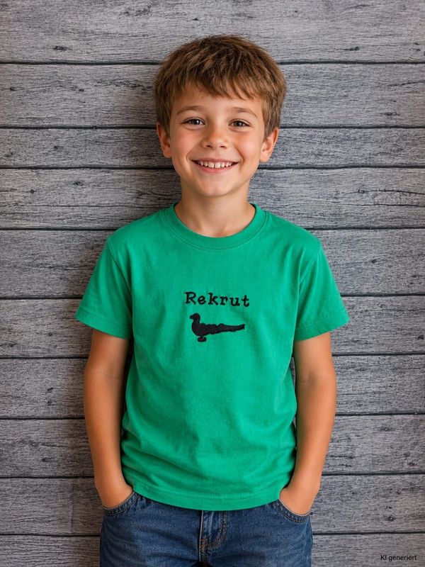 Kinder Gilde T-Shirt grün, bestickt mit Papagoy & Kinder Gilde T-Shirt grün, bestickt mit Papagoy & "Rekrut", Junge- StickBina