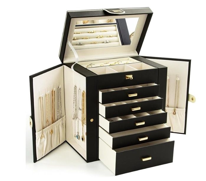 KAMIER Jewelry Box for Women, 6-Layer Large Jewelry Organizer Box with Mirror &amp; 5 Drawers for Rings, Earrings, Necklaces, Bracelets, Black