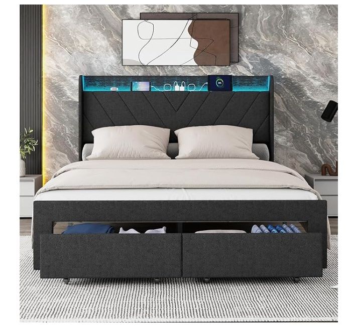 Queen Bed Frame with Headboard and 2 Storge Drawers Upholstered Platform