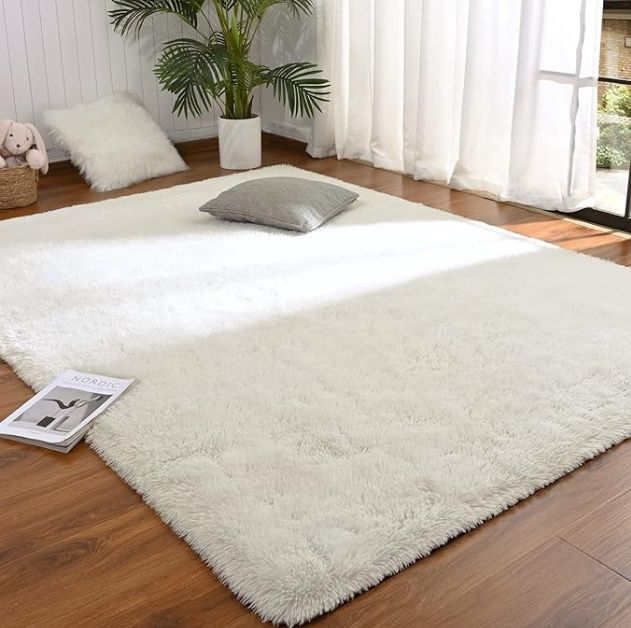 8ft x 8ft white fluffy area rug