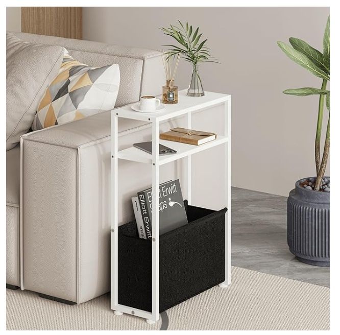 Leomonio Narrow Side Table, Slim End Tables with Fabric Basket, Skinny Table for Small Spaces