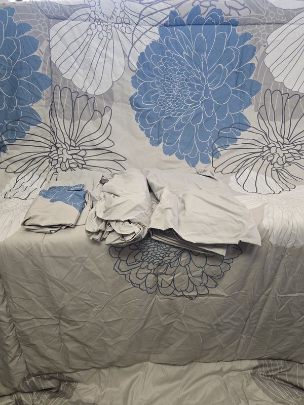 Queen bed set, shams, sheets, comforter