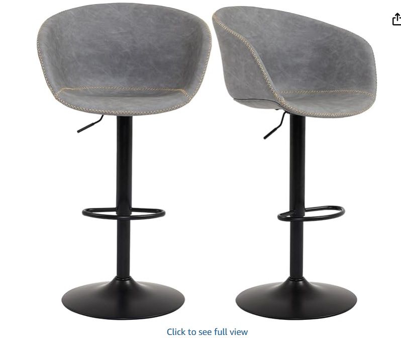 Grey Bar Stools Set of 2, Modern PU Leather Upholstered Counter Height Barstool