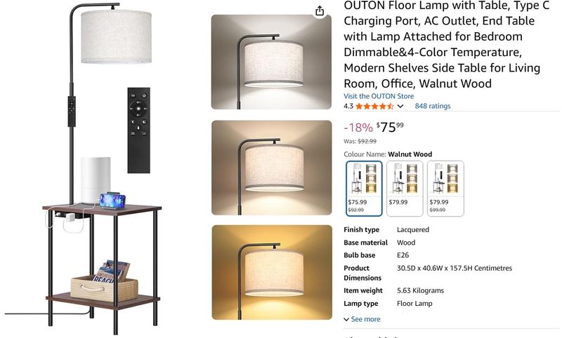 OUTON Floor Lamp with Table, Type C Charging Port, AC Outlet, End Table with Lamp Attached for Bedroom Dimmable