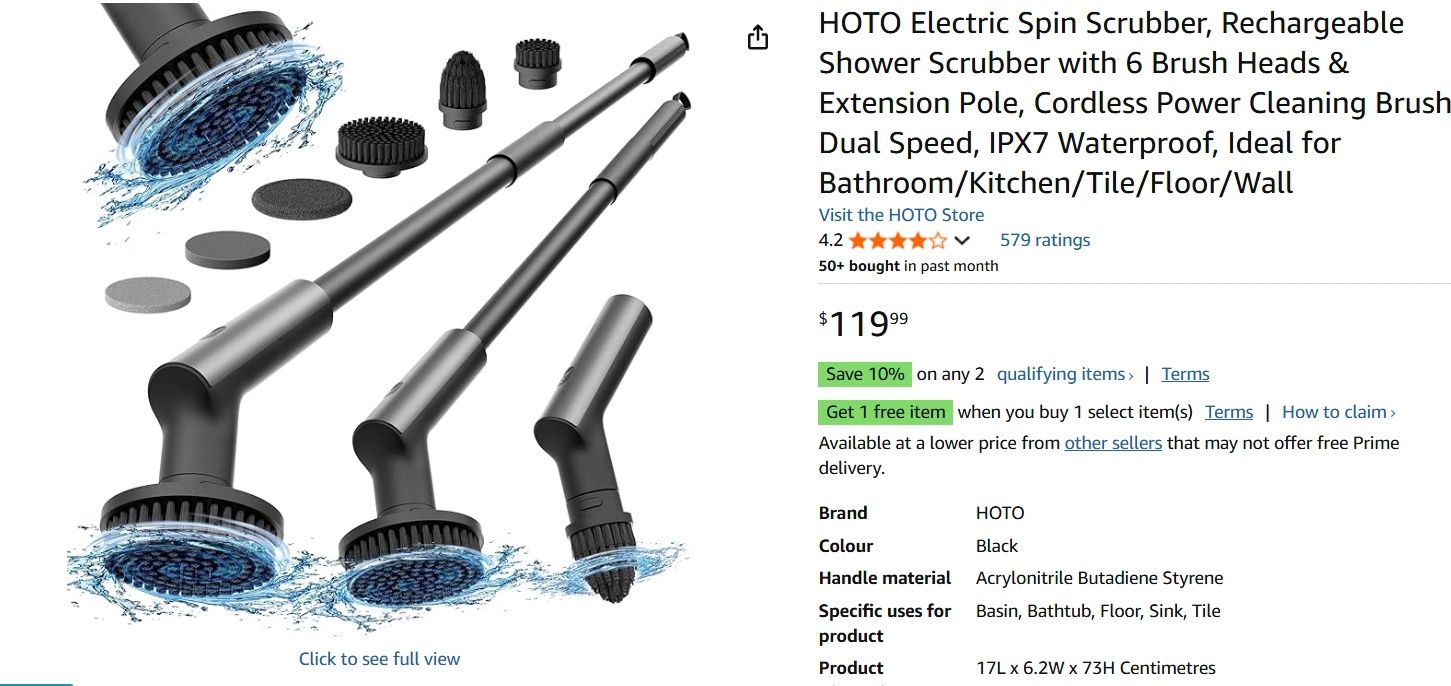 HOTO Electric Spin Scrubber, Rechargeable Shower Scrubber with 6 Brush Heads