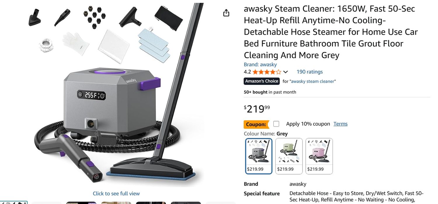 awasky Steam Cleaner: 1650W, Fast 50-Sec Heat-Up Refill Anytime-No Cooling-Detachable