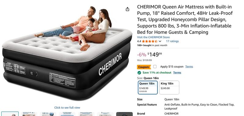 CHERIMOR Queen Air Mattress with Built-in Pump, 18&quot;