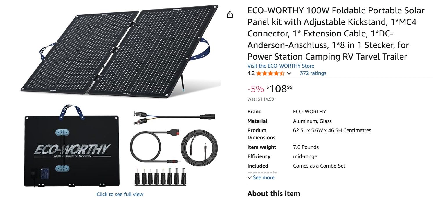 ECO-WORTHY 100W Foldable Portable Solar Panel kit with Adjustable Kickstand