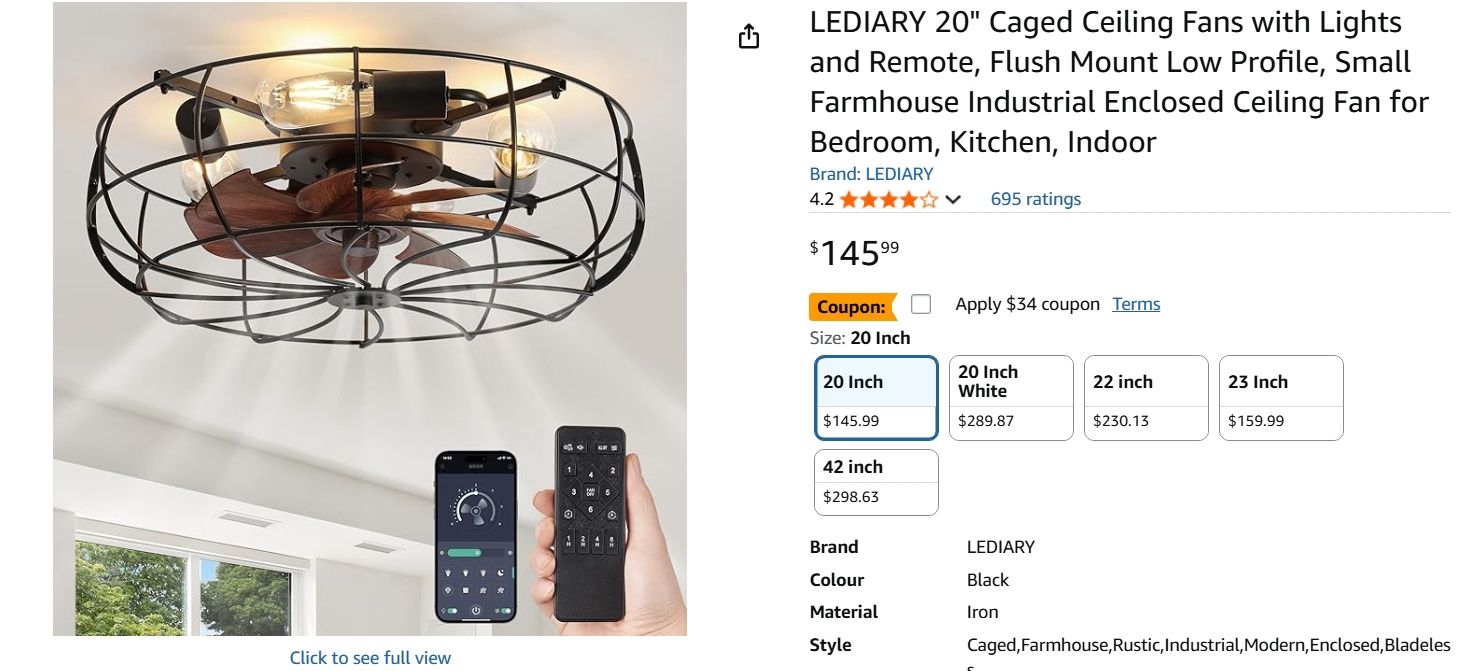 LEDIARY 20&quot; Caged Ceiling Fans with Lights and Remote, Flush Mount