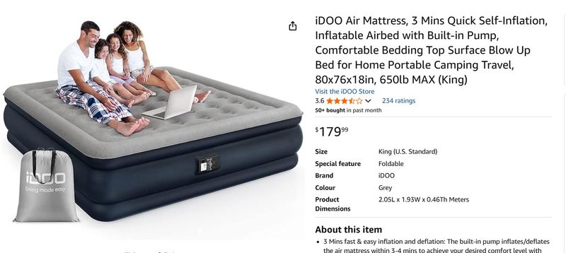 iDOO Air Mattress, 3 Mins Quick Self-Inflation King