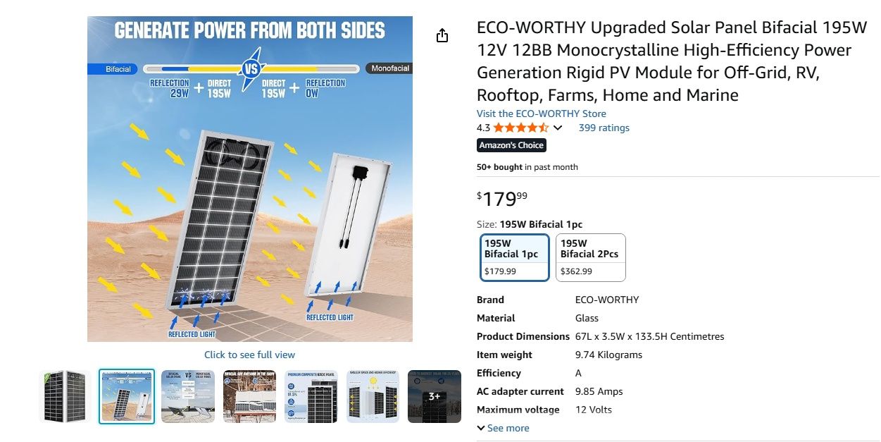 ECO-WORTHY Upgraded Solar Panel Bifacial 195W 12V 12BB Monocrystalline