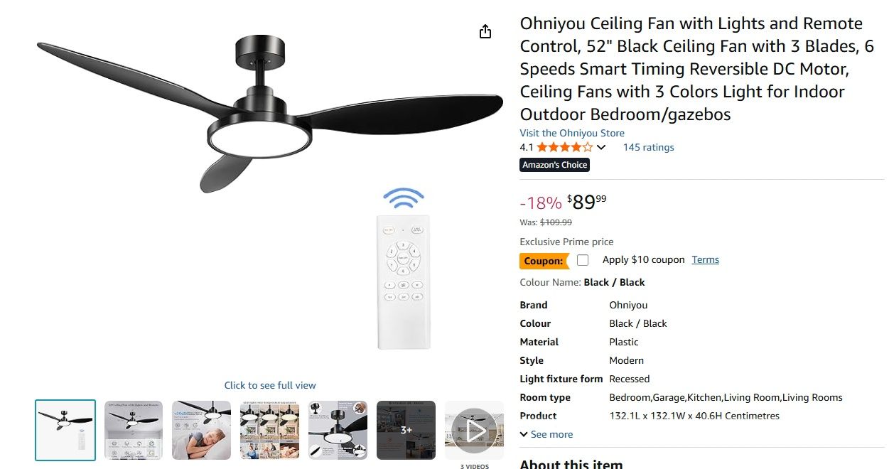 Ohniyou Ceiling Fan with Lights and Remote Control, 52&quot;