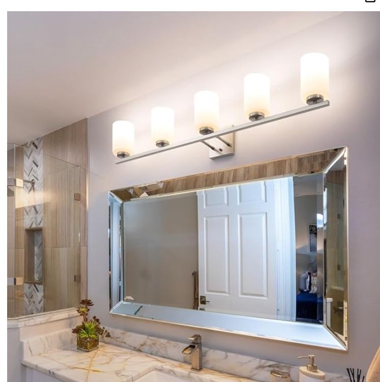 Mirrea 42in 5-Light Modern Bathroom Vanity Light with Etched White Glass Shades Brushed Nickel Finished