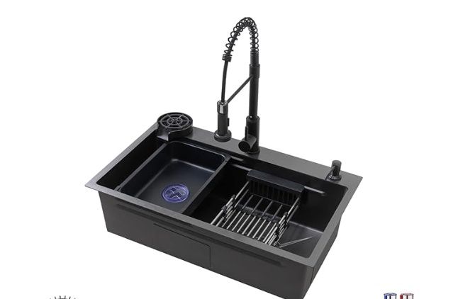 Black Kitchen Sink with Cup Washer Single Bowl Drop in