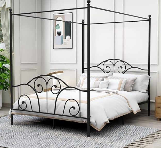 AUFANK Queen Size Four-Poster Metal Canopy Bed Frame