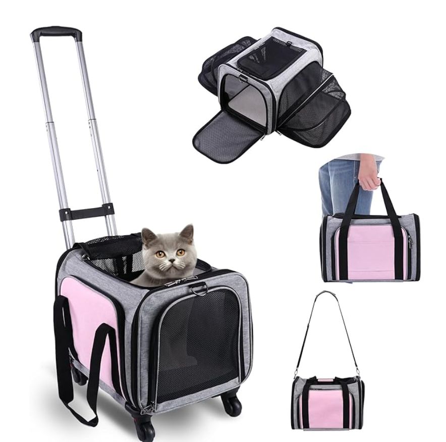 BNISE Pet Carrier Airline Approved on Wheels (Pink)