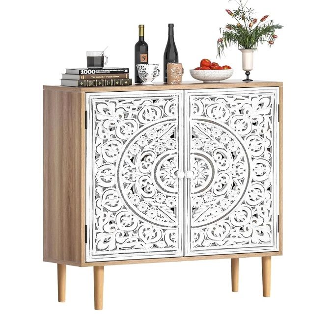 Anmytek Accent Cabinet with 2 Doors, Carved Cabinet Decorative