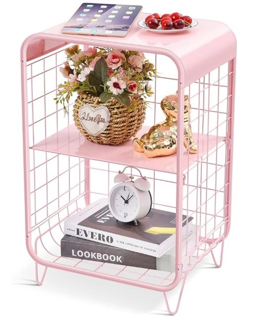 APEXCHASER Cute Pink Nightstand,Metal Side Table,3 Tier End Table