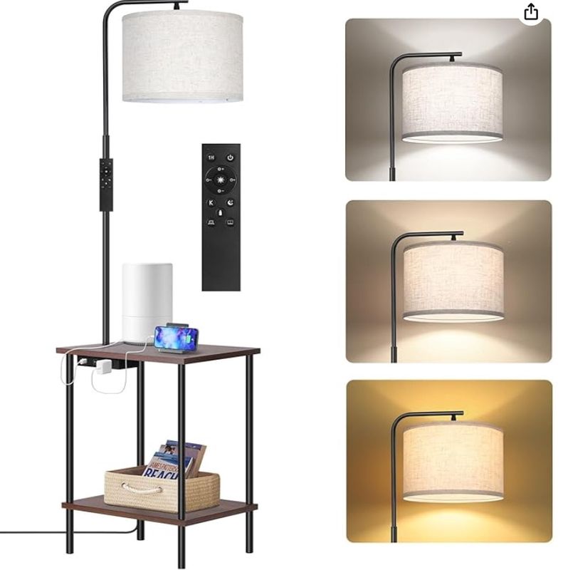 OUTON Floor Lamp with Table, Type C Charging Port, AC Outlet, End Table with Lamp Attached for Bedroom Dimmable