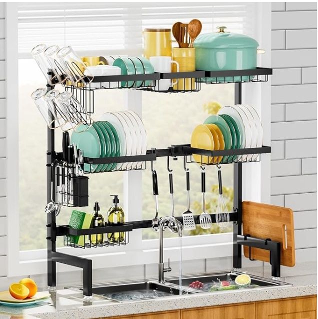 Over The Sink Dish Drying Rack,Expandable Length 3-Tier Large