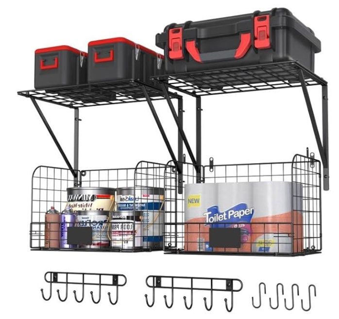ThreeHio 2 Pack Garage Shelves Wall Mounted with Wire Baskets