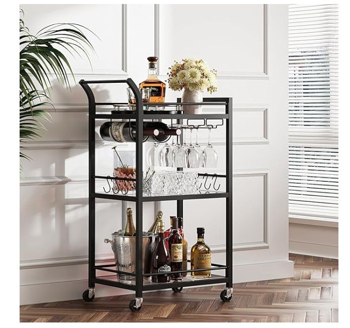 TUTOTAK Bar Cart with 3-Tier Mirrored Shelf, Black