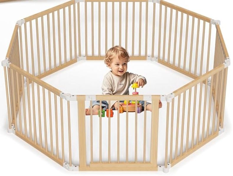 Jimberbay Foldable Wooden Playpen, 145 * 145 * 61 cm