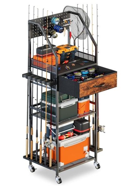 Fishing Rod Holder Organizer with Fabric Drawer &amp; Pegboard